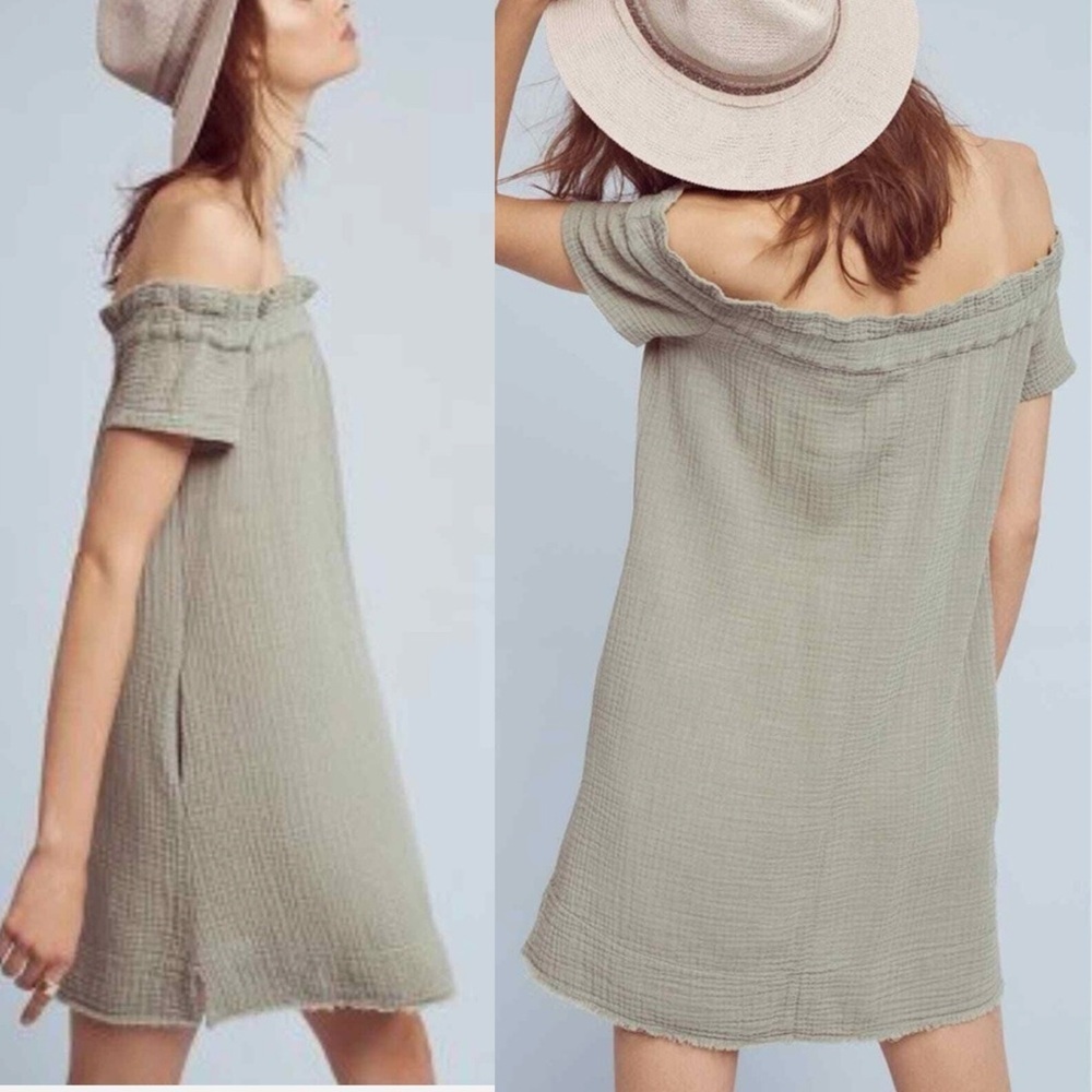 Amadi Anthropologie Maella Off-The-Shoulder Gauze Dress Green Sz Medium